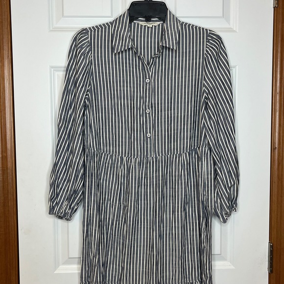 MAX STUDIO LONDON Small Blue Striped Tiered Maxi Shirt Dress Long Sleeve Collar - Picture 2 of 9